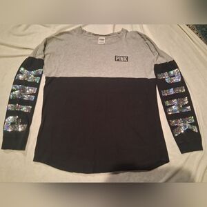 PINK Victoria's Secret Womens Long Sleeve Shirt - Black and Gray with Sequins